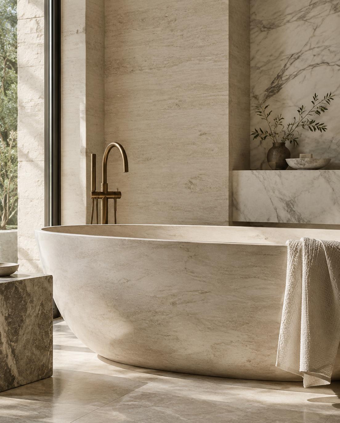 Close view of a freestanding stone bathtub in a refined bathroom