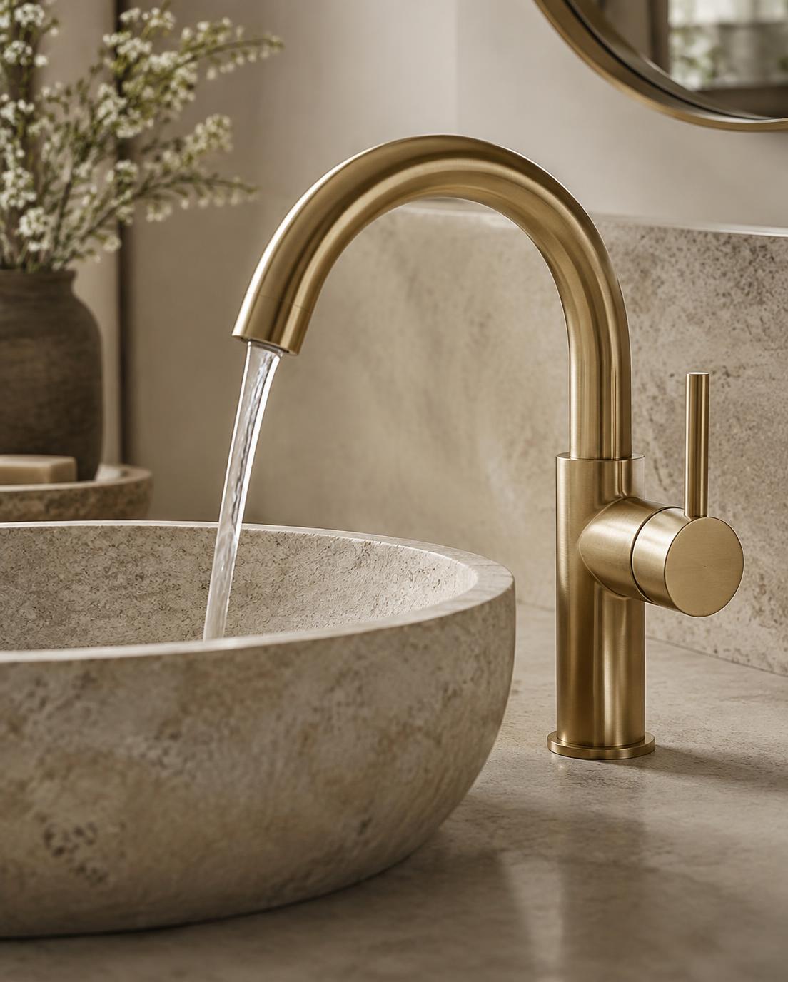 Close-up of a brushed gold designer faucet over a stone basin