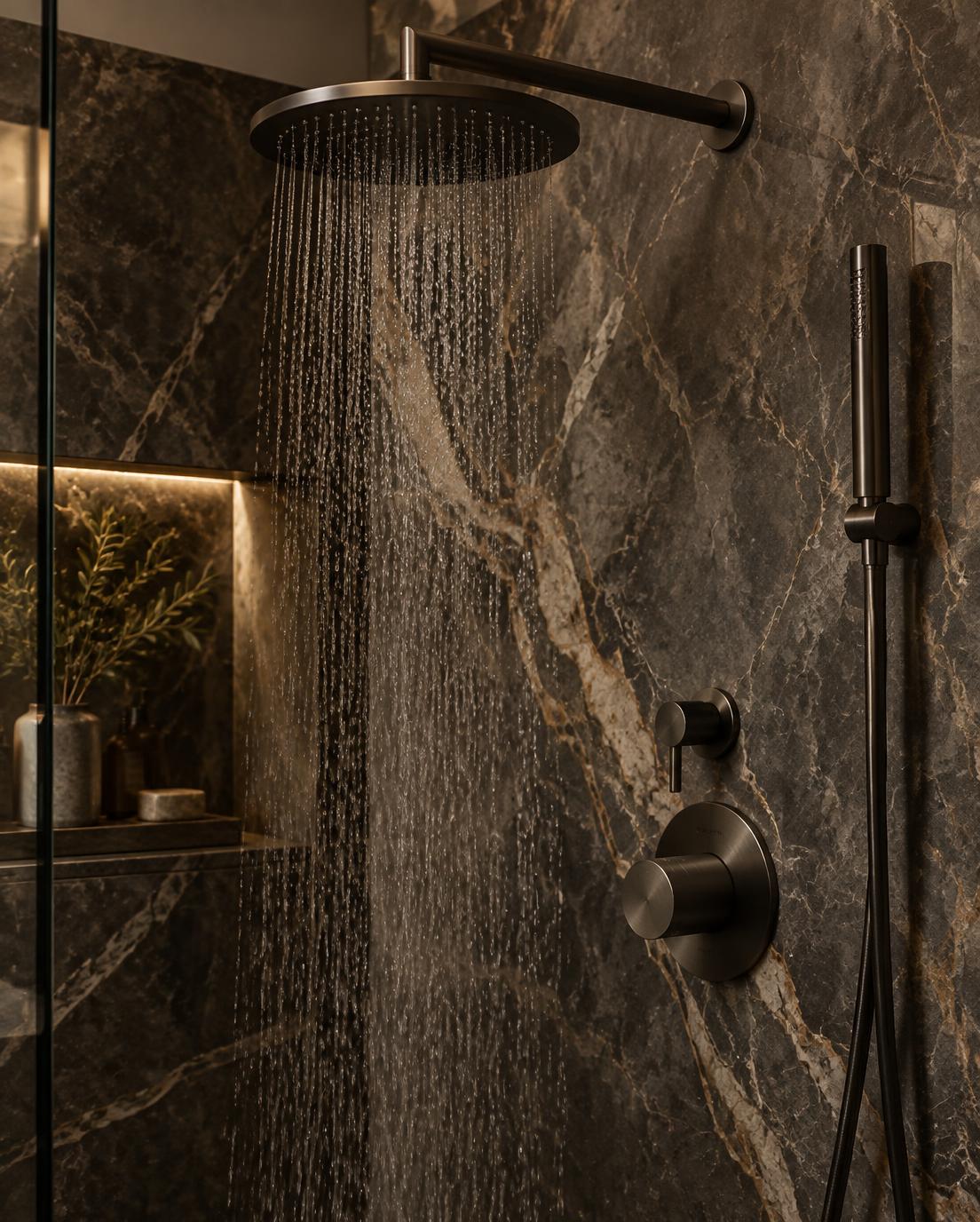 Dark stone shower with refined matte metal fixtures