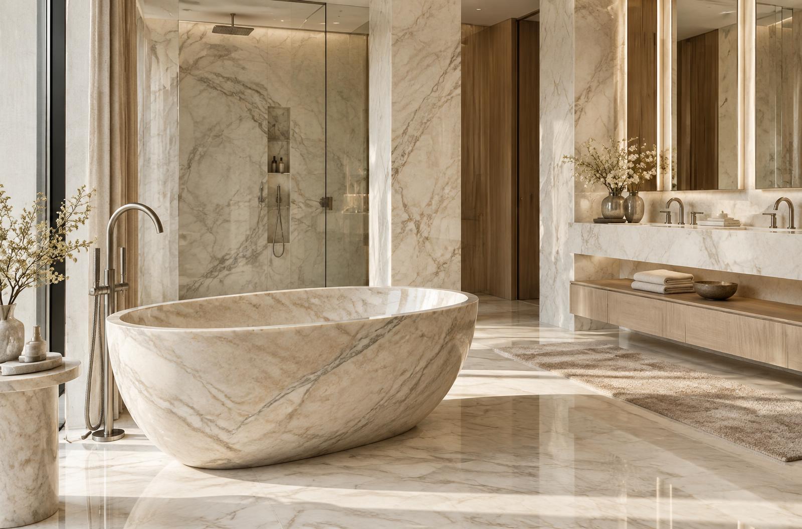 Sculptural freestanding bath in a refined marble bathroom interior
